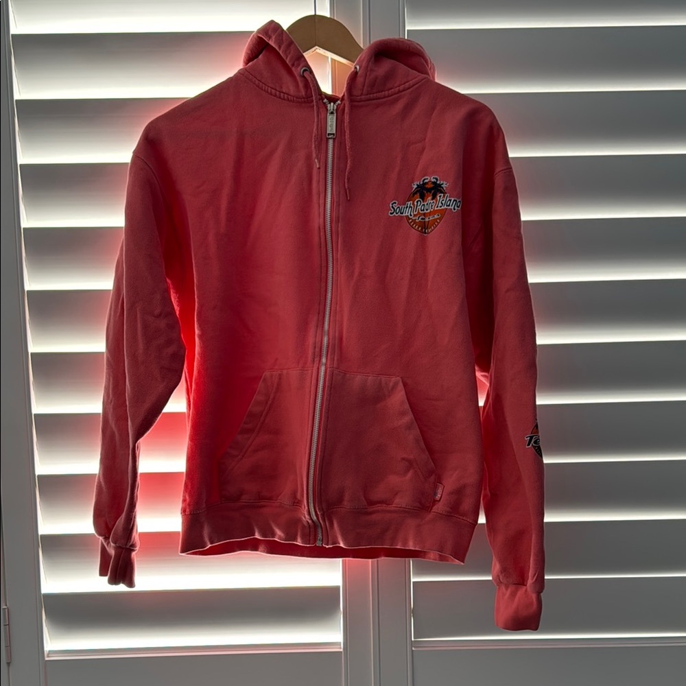 Red Zip-Up Hoodie Sweatshirt with Ribbed Cuffs